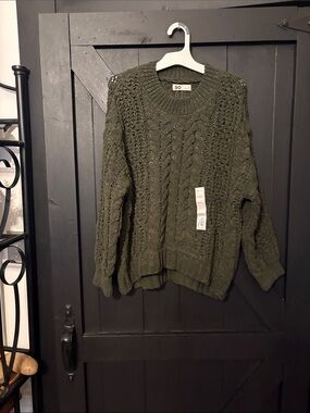 SO Olive Green Cable Knit Crew Sweater